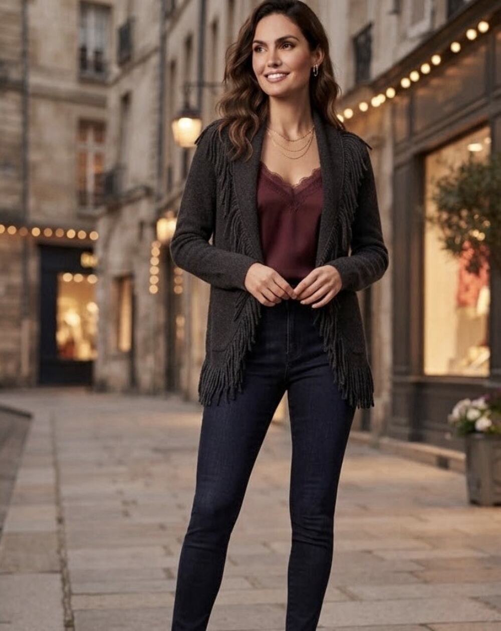 Susan Bristol Black Wool Blend Fringe Cardigan/Jacket Open Front Boho Western L